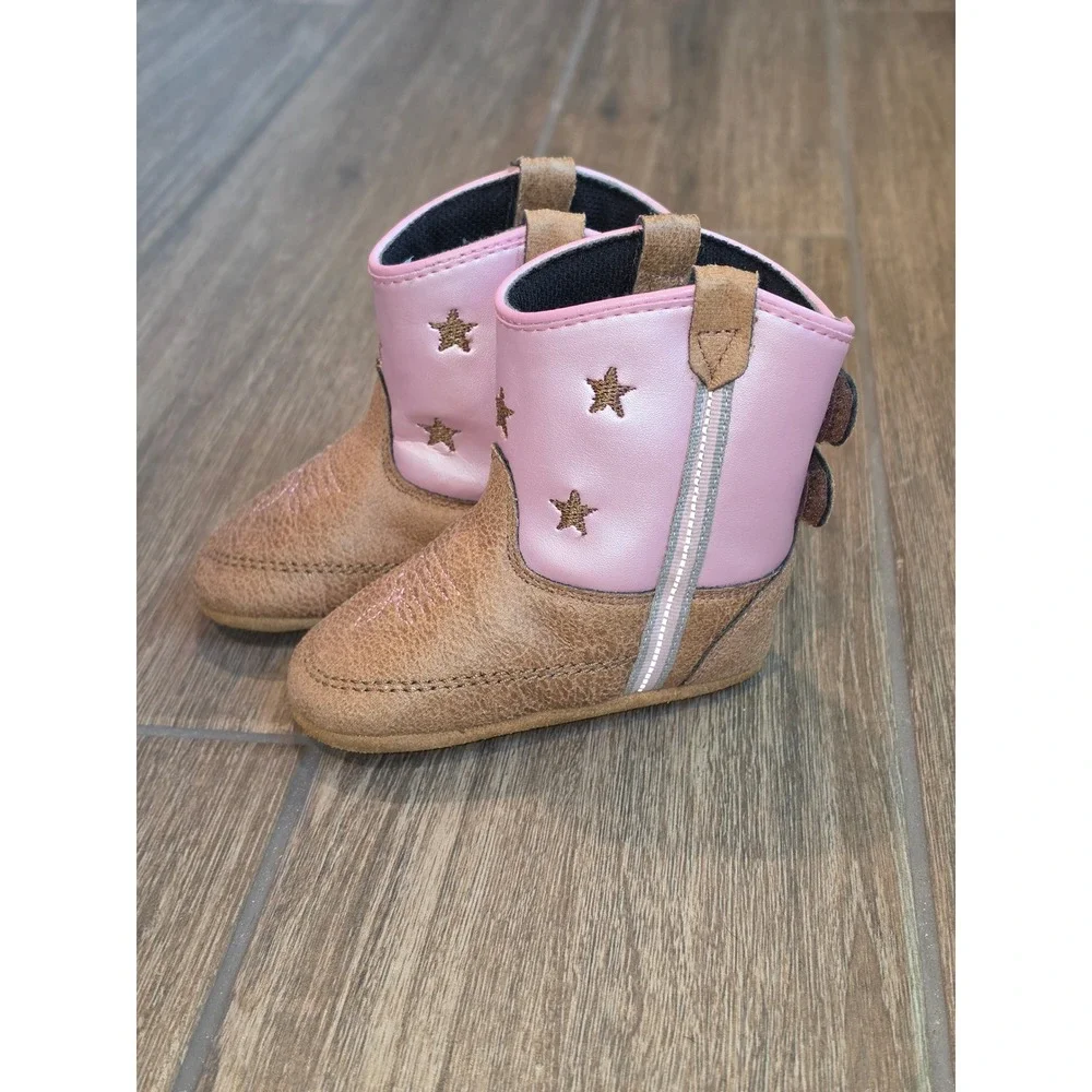 Lil Boot Barn Infant Girls Pink Brown Star Western Cowboy Boots Size 4 B10117